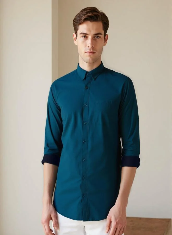Men's Teal Cotton Blend Solid Button Down Regular Fit Shirt